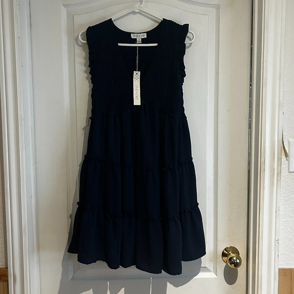 SHE + SKY Navy Blue Smocked Tiered Mini Dress – Size S (NWT)